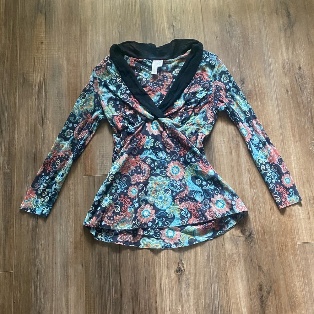 Daisy & Clover Black Multicolor Paisley Long Sleeve Empire Cut Blouse Size SP